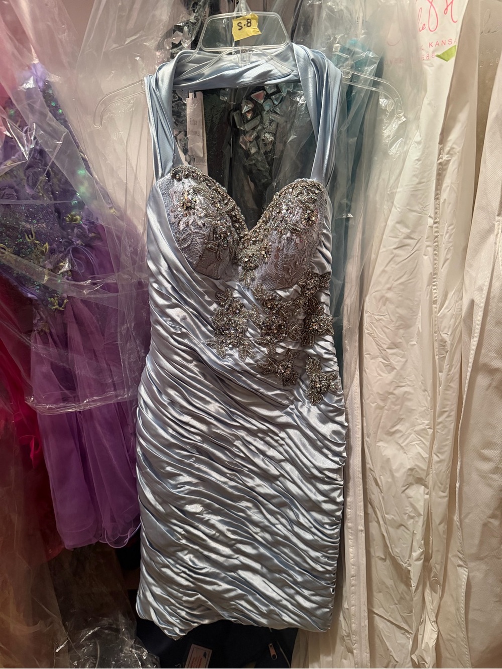 Terani Couture Silver-Blue Satin Ruched Cocktail Dress with Beaded Bodice